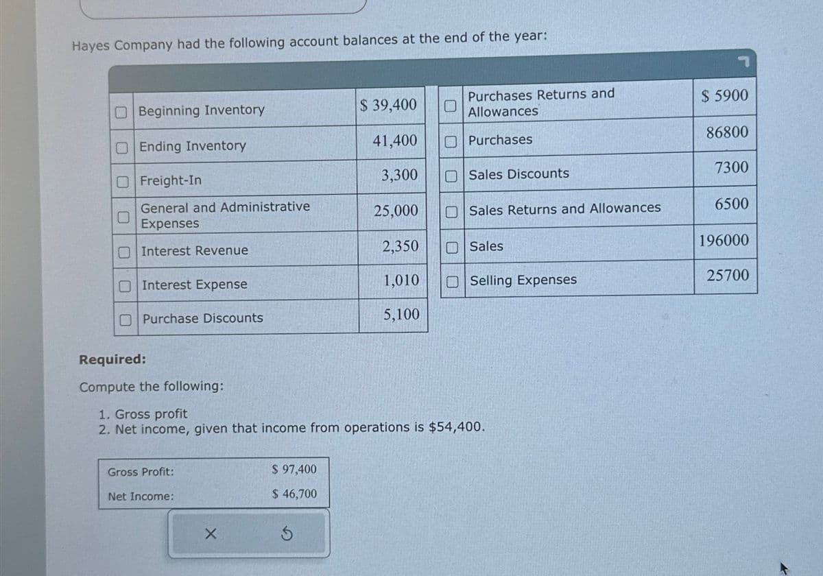 Hayes Company had the following account balances at the end of the year:
Beginning Inventory
O Ending Inventory
0
Freight-In
General and Administrative
Expenses
Interest Revenue
Interest Expense
Purchase Discounts
Gross Profit:
Net Income:
X
$ 97,400
$ 46,700
$ 39,400
S
41,400
3,300
25,000
2,350
1,010
5,100
0
Purchases Returns and
Allowances
Purchases
Required:
Compute the following:
1. Gross profit
2. Net income, given that income from operations is $54,400.
Sales Discounts
Sales Returns and Allowances
Sales
Selling Expenses
$ 5900
86800
7300
6500
196000
25700