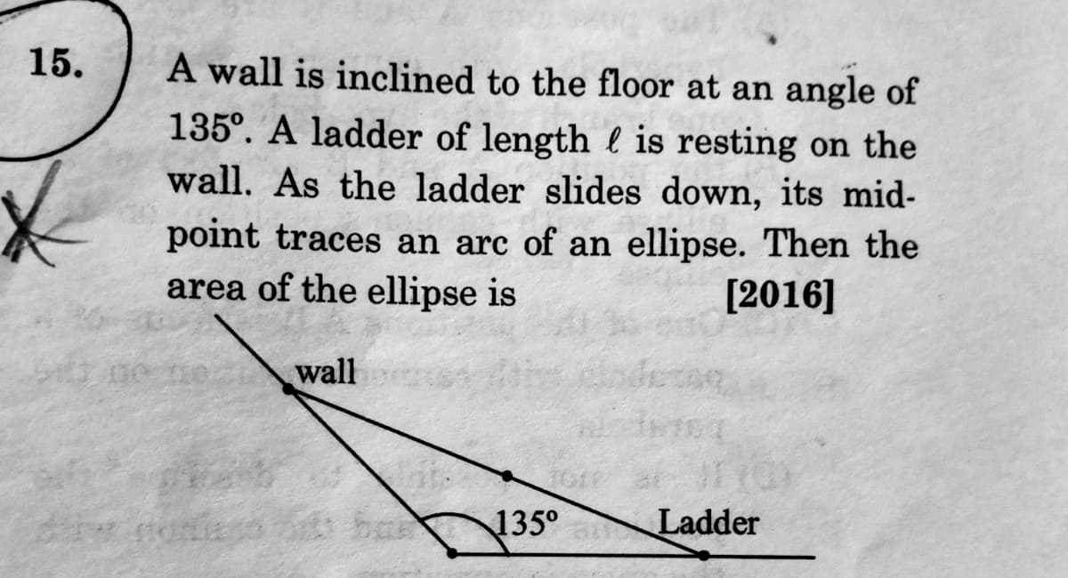 15.
A wall is inclined to the floor at an angle of
135°. A ladder of length e is resting on the
wall. As the ladder slides down, its mid-
point traces an arc of an ellipse. Then the
area of the ellipse is
[2016]
wall
135°
Ladder
