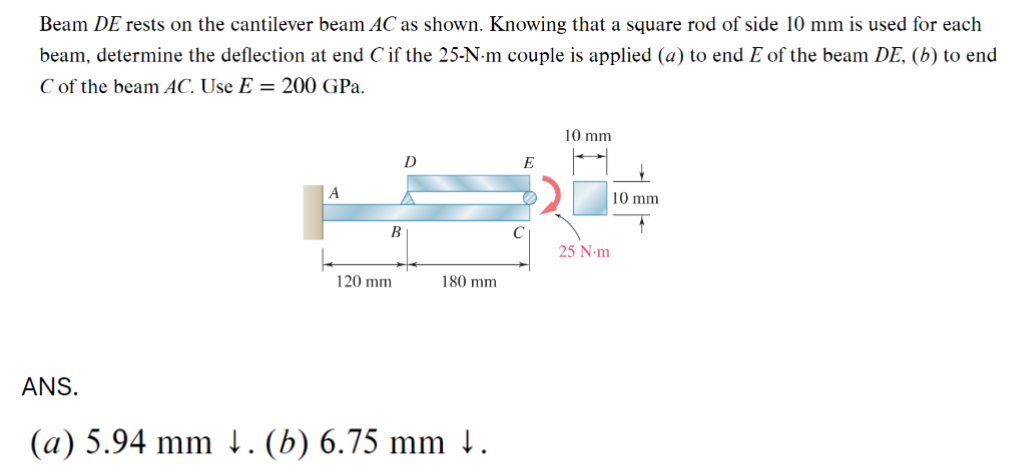 Beam DE rests on the cantilever beam AC as shown. Knowing that a square rod of side 10 mm is used for each
beam, determine the deflection at end C if the 25-N-m couple is applied (a) to end E of the beam DE, (b) to end
C of the beam AC. Use E = 200 GPa.
10 mm
D
E
A
B
25 N-m
120 mm
180 mm
ANS.
(a) 5.94 mm ↓. (b) 6.75 mm ↓.
10 mm