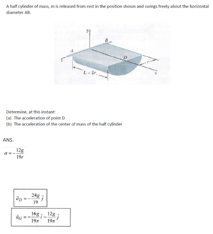 A half cylinder of mass, m is released from rest in the position shown and swings freely about the horizontal
diameter AB.
B
A
L=2r
Determine, at this instant:
(a) The acceleration of point D
(b) The acceleration of the center of mass of the half cylinder
ANS.
α = -
12g
19r
ap =-
24g
j
19
16g 12g
ȧG
19π
197
j