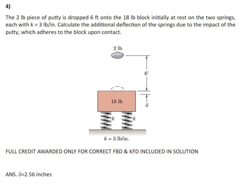 4)
The 2 lb piece of putty is dropped 6 ft onto the 18 lb block initially at rest on the two springs,
each with k = 3 lb/in. Calculate the additional deflection of the springs due to the impact of the
putty, which adheres to the block upon contact.
2 lb
6'
18 lb
δ
k = 3 lb/in.
FULL CREDIT AWARDED ONLY FOR CORRECT FBD & KFD INCLUDED IN SOLUTION
ANS. 8=2.56 inches