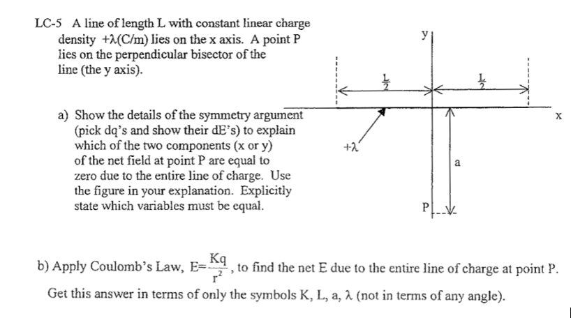 LC-5 A line of length L with constant linear charge
density +λ(C/m) lies on the x axis. A point P
lies on the perpendicular bisector of the
line (the y axis).
a) Show the details of the symmetry argument
(pick dq's and show their dE's) to explain
which of the two components (x or y)
of the net field at point P are equal to
zero due to the entire line of charge. Use
the figure in your explanation. Explicitly
state which variables must be equal.
+2
ad
P|__V
X
b) Apply Coulomb's Law, E- to find the net E due to the entire line of charge at point P.
Kq
r²
Get this answer in terms of only the symbols K, L, a, λ (not in terms of any angle).