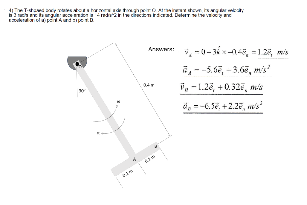 4) The T-shpaed body rotates about a horizontal axis through point O. At the instant shown, its angular velocity
is 3 rad/s and its angular acceleration is 14 rad/s^2 in the directions indicated. Determine the velocity and
acceleration of a) point A and b) point B.
30°
αε
@
Answers:
v₁ = 0+3k ×−0.4ē = 1.2ē, m/s
ā₁ = -5.6ē, +3.6ē
0.4 m
0.1 m
0.1 m
B
A
m/s²
V₁ = 1.2ē, +0.32ē, m/s
aB = -6.5ē, +2.2ē, m/s²