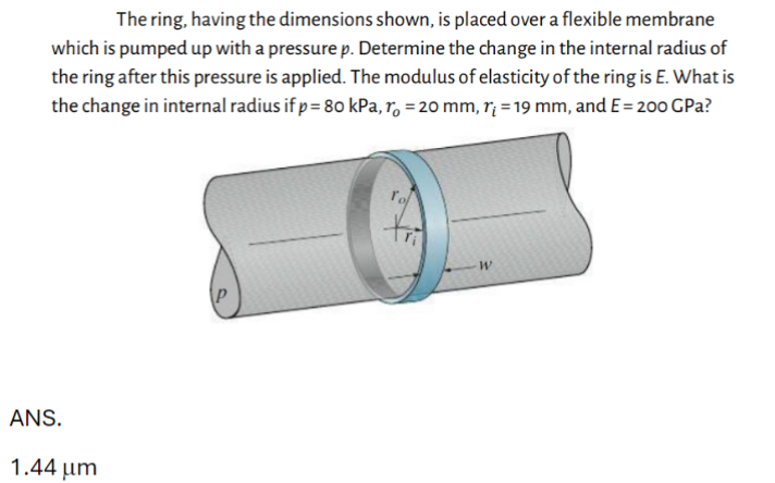 The ring, having the dimensions shown, is placed over a flexible membrane
which is pumped up with a pressure p. Determine the change in the internal radius of
the ring after this pressure is applied. The modulus of elasticity of the ring is E. What is
the change in internal radius if p = 80 kPa, r = 20 mm, r₁ = 19 mm, and E = 200 GPa?
ANS.
1.44 μm
tri
W