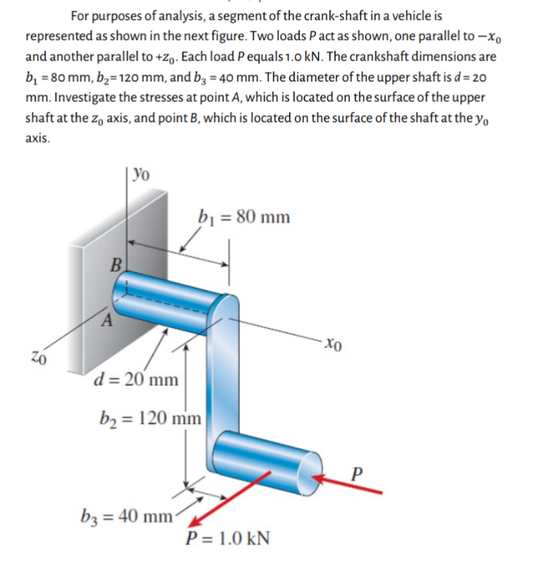 For purposes of analysis, a segment of the crank-shaft in a vehicle is
represented as shown in the next figure. Two loads P act as shown, one parallel to -xo
and another parallel to +zo. Each load P equals 1.0 kN. The crankshaft dimensions are
b₁ = 80 mm, b₂ = 120 mm, and b3 = 40 mm. The diameter of the upper shaft is d = 20
mm. Investigate the stresses at point A, which is located on the surface of the upper
shaft at the zo axis, and point B, which is located on the surface of the shaft at the yo
axis.
B
Уо
b₁ = 80 mm
ZO
A
d = 20 mm
b₂ = 120 mm
b3 = 40 mm
P = 1.0 kN
ΧΟ