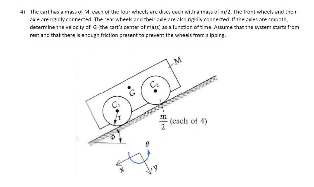 4) The cart has a mass of M, each of the four wheels are discs each with a mass of m/2. The front wheels and their
axle are rigidly connected. The rear wheels and their axle are also rigidly connected. If the axles are smooth,
determine the velocity of G (the cart's center of mass) as a function of time. Assume that the system starts from
rest and that there is enough friction present to prevent the wheels from slipping.
M
0°
2
m
(each of 4)