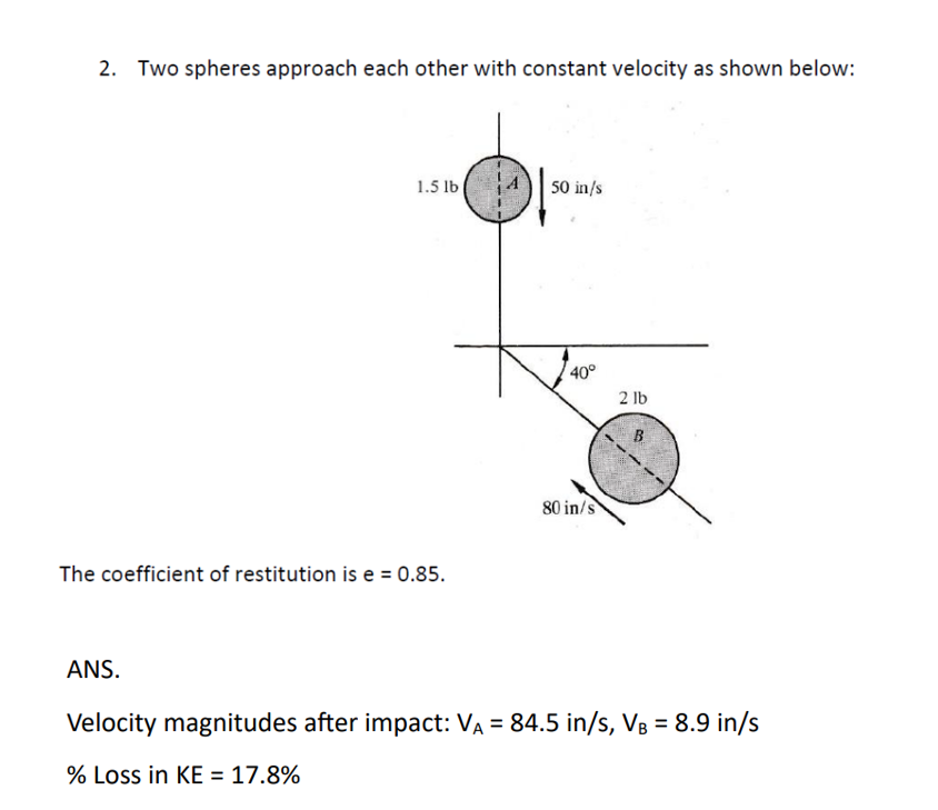 2. Two spheres approach each other with constant velocity as shown below:
1.5 lb
50 in/s
The coefficient of restitution is e = 0.85.
40°
2 lb
B
80 in/s
ANS.
Velocity magnitudes after impact: VA = 84.5 in/s, VB = 8.9 in/s
% Loss in KE = 17.8%