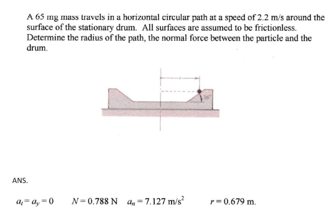 A 65 mg mass travels in a horizontal circular path at a speed of 2.2 m/s around the
surface of the stationary drum. All surfaces are assumed to be frictionless.
Determine the radius of the path, the normal force between the particle and the
drum.
ANS.
a₁=ay=0
N=0.788 N
an = 7.127 m/s²
36°
r = 0.679 m.