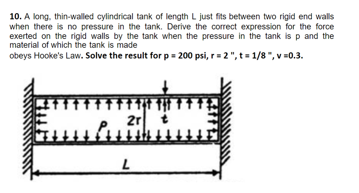 10. A long, thin-walled cylindrical tank of length L just fits between two rigid end walls
when there is no pressure in the tank. Derive the correct expression for the force
exerted on the rigid walls by the tank when the pressure in the tank is p and the
material of which the tank is made
obeys Hooke's Law. Solve the result for p = 200 psi, r = 2 ", t = 1/8 ", v =0.3.
L
2r
t