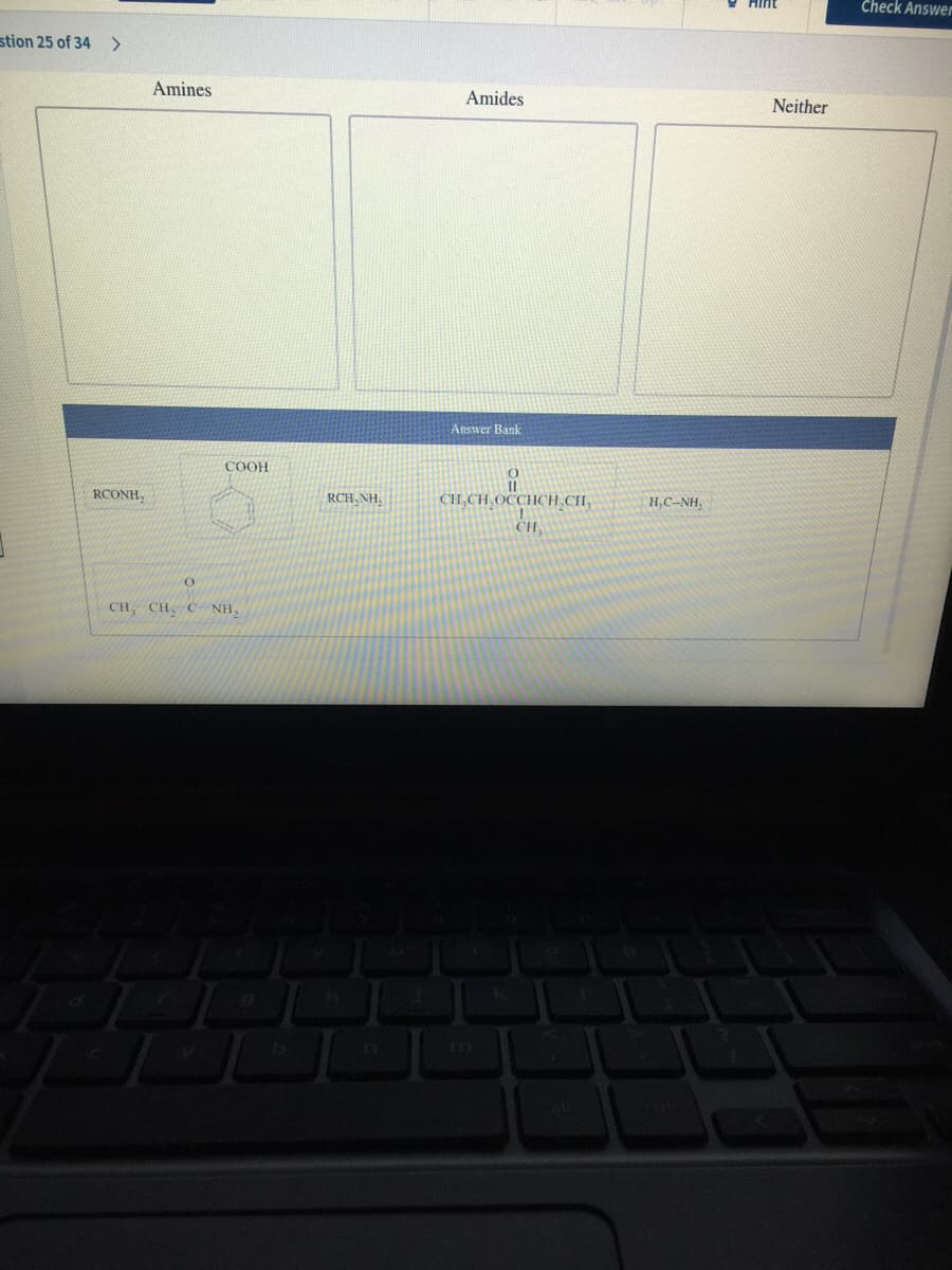 Check Answer
stion 25 of 34
Amines
Amides
Neither
Answer Bank
COOH
RCONH,
CH,CH OCCHCH CHI,
RCH, NH.
H,C-NH,
CH
CH, CH, C NH,
