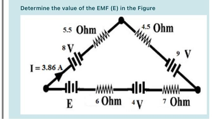 Determine the value of the EMF (E) in the Figure
5.5 Ohm
4.5 Ohm
9 V
ww
8 V.
I= 3.86 A
-wwW-
7 Ohm
E
6 Ohm 4V
