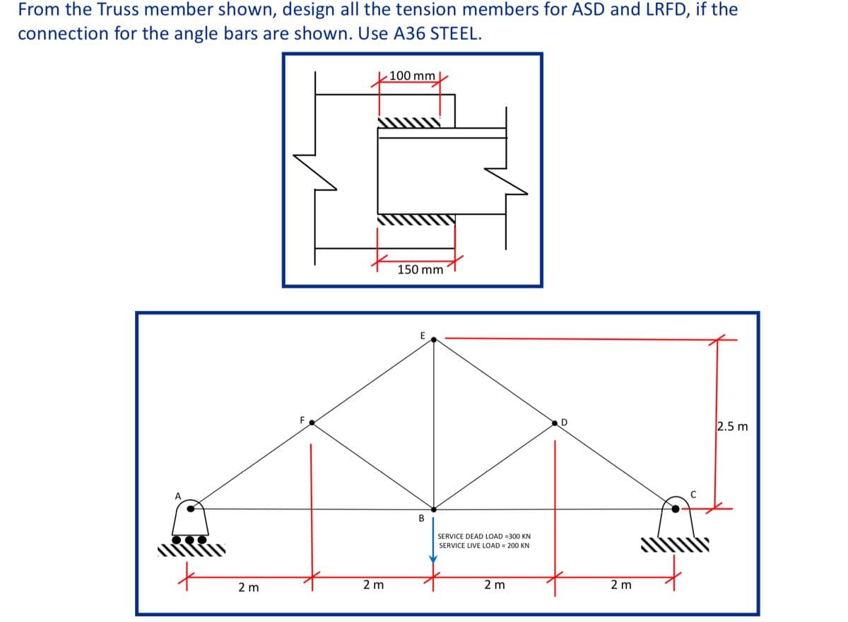 From the Truss member shown, design all the tension members for ASD and LRFD, if the
connection for the angle bars are shown. Use A36 STEEL.
100 mm
150 mm
E
F
2.5 m
B
SERVICE DEAD LOAD =300 KN
SERVICE LIVE LOAD = 200 KN
2 m
2 m
2 m
2 m
