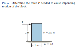 P4-7. Determine the force P needed to cause impending
motion of the block.
W = 200 N
Fim-
