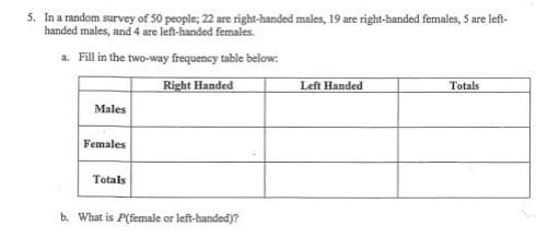 5. In a random survey of 50 people; 22 are right-handed males, 19 are right-handed females, 5 are left-
handed males, and 4 are left-handed females.
a. Fill in the two-way frequency table below:
Right Handed
Left Handed
Totals
Males
Females
Totals
b. What is P(female or left-handed)?
