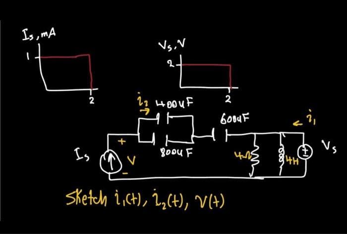 Is,mA
-2
+
Vs.V
२.
14004F
13
goou F
Is
Sketch i, ct), i, (+), V(+)
2
6004F
S
WH