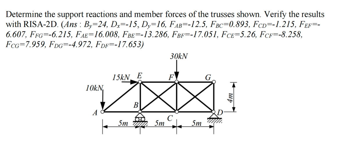 Determine the support reactions and member forces of the trusses shown. Verify the results
with RISA-2D. (Ans: By-24, Dx=-15, Dy=16, FAB=-12.5, FBC=0.893, FCD=-1.215, FEF=-
6.607, FFG -6.215, FAE-16.008, FBE -13.286, FBF -17.051, FCE=5.26, FCF=-8.258,
FCG 7.959, FDg=-4.972, Fdf=-17.653)
10kN,
A
15kN E
5m
B
5m
30kN
F
C
5m
G
4m