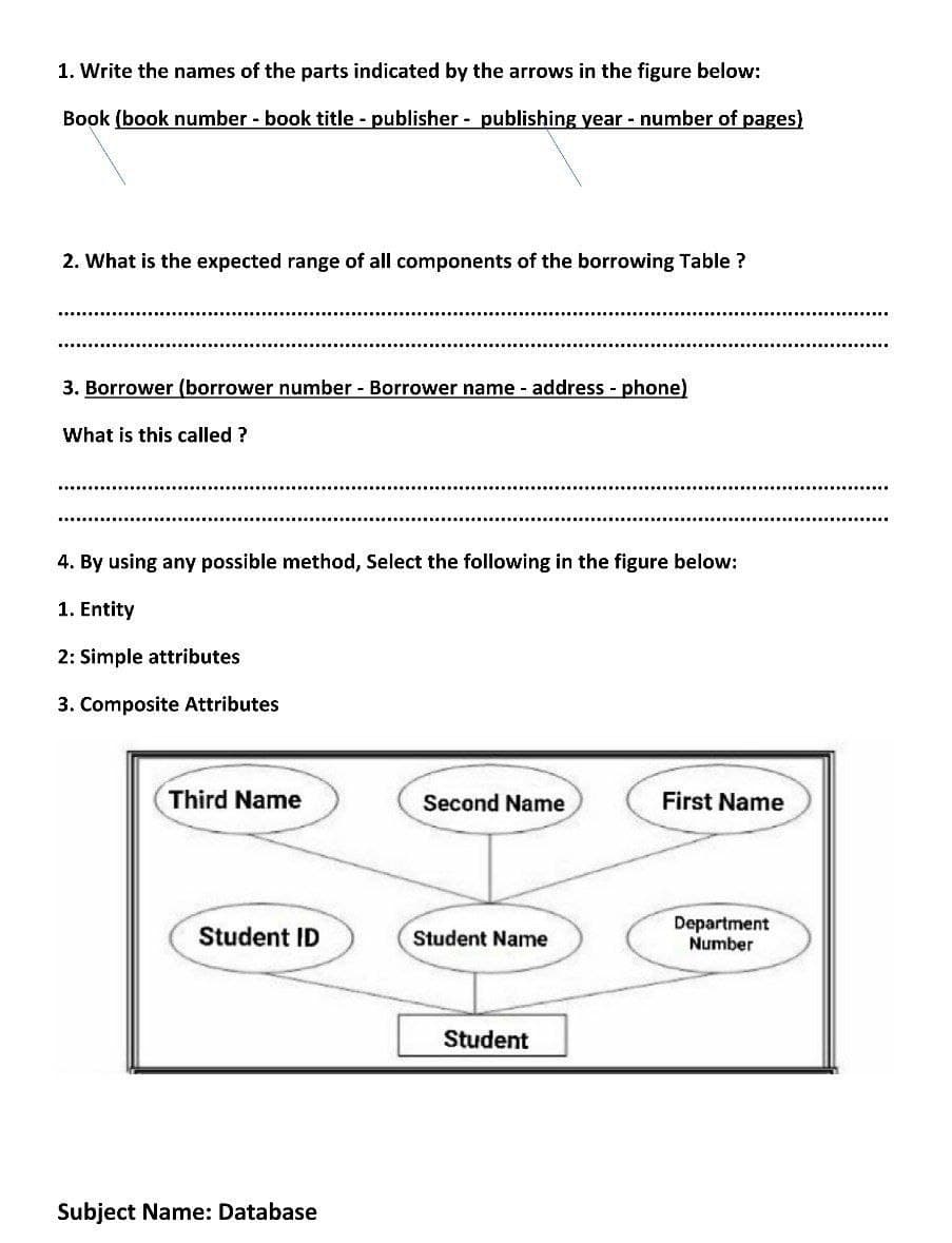 1. Write the names of the parts indicated by the arrows in the figure below:
Book (book number - book title - publisher - publishing year - number of pages)
2. What is the expected range of all components of the borrowing Table ?
3. Borrower (borrower number - Borrower name - address - phone)
What is this called ?
4. By using any possible method, Select the following in the figure below:
1. Entity
2: Simple attributes
3. Composite Attributes
Third Name
Second Name
First Name
Student ID
Department
Number
Student Name
Student
Subject Name: Database
