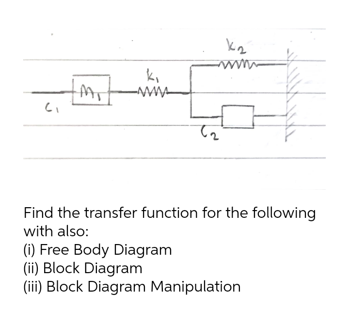 Find the transfer function for the following
with also:
(i) Free Body Diagram
(ii) Block Diagram
(iii) Block Diagram Manipulation
