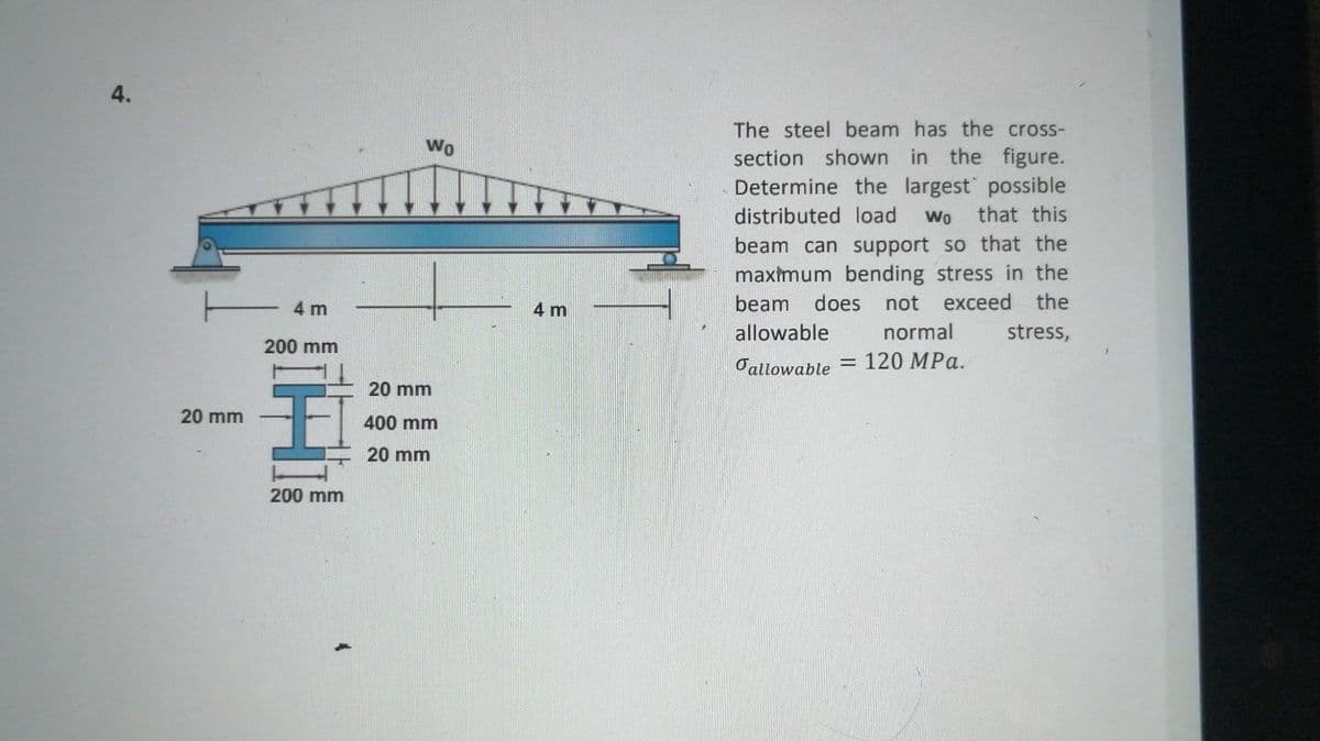 4.
The steel beam has the cross-
Wo
section shown in the figure.
Determine the largest possible
distributed load
Wo
that this
beam can support so that the
maxtmum bending stress in the
E4m
beam does not exceed the
4 m
allowable
normal
stress,
200 mm
Oallowable = 120 MPa.
20 mm
20 mm
400 mm
20 mm
200 mm
