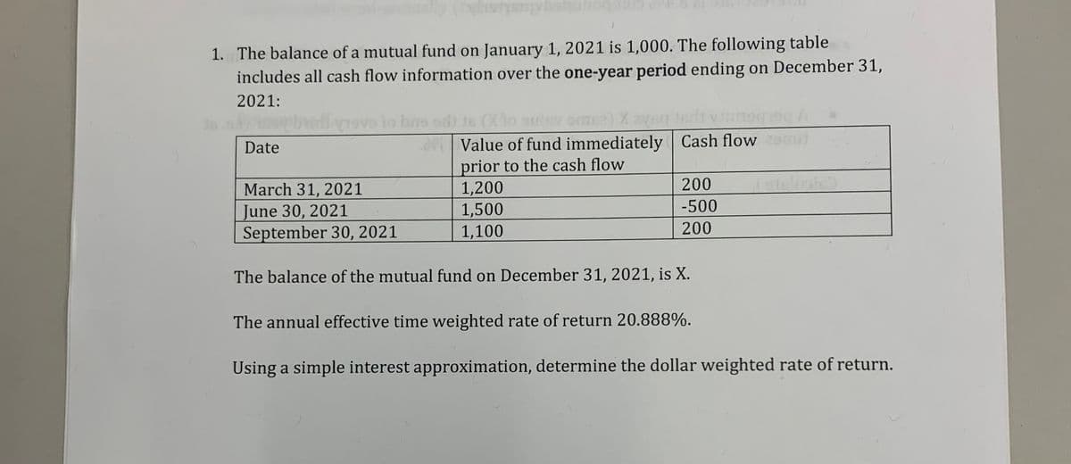 1. The balance of a mutual fund on January 1, 2021 is 1,000. The following table
includes all cash flow information over the one-year period ending on December 31,
2021:
isak) sopbudiyrove to bae ad te (X
Date
(0) X aysq
Value of fund immediately Cash flow zamil
prior to the cash flow
1,200
1,500
1,100
200
-500
200
March 31, 2021
June 30, 2021
September 30, 2021
The balance of the mutual fund on December 31, 2021, is X.
The annual effective time weighted rate of return 20.888%.
Using a simple interest approximation, determine the dollar weighted rate of return.