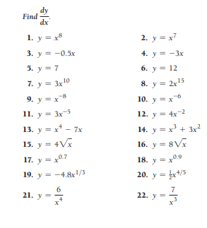 Find
dx
1. y = x*
2. y = x7
3. y = -0.5x
4. y = -3x
5. y = 7
6. y = 12
7. y = 3x10
8. y = 2x15
9. y = x8
10. y = x
11. y = 3x5
12. у 4x 2
13. y = x* - 7x
14. y = x + 3x?
15. y = 4V
16. y = 8Vx
17. y = x0.7
18. y = x0.9
19. y = -4.8x/3
20. y = x/5
6
21. у
22. y :
%3D
||
