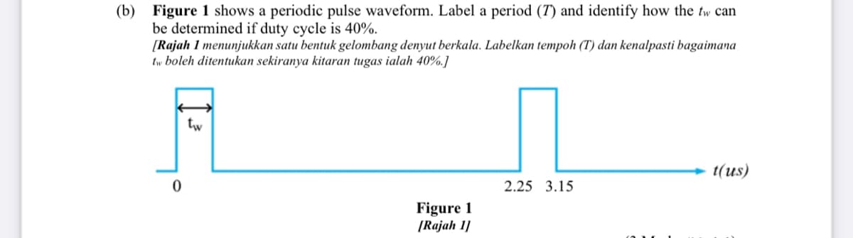 (b) Figure 1 shows a periodic pulse waveform. Label a period (T) and identify how the tw can
be determined if duty cycle is 40%.
[Rajah 1 menunjukkan satu bentuk gelombang denyut berkala. Labelkan tempoh (T) dan kenalpasti bagaimana
tw boleh ditentukan sekiranya kitaran tugas ialah 40%.]
tw
t(us)
2.25 3.15
Figure 1
[Rajah 1]
