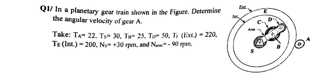 Q1/ In a planetary gear train shown in the Figure. Determine
the angular velocity of gear A.
Int
Take: TA= 22, Ts= 30, TB= 25, TD= 50, T₁ (Ext.) = 220,
TE (Int.) = 200, Ns= +30 rpm, and Narm= -90 rpm.
Ext.
Arm
S
D
20