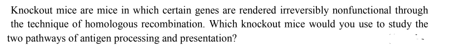 Knockout mice are mice in which certain genes are rendered irreversibly nonfunctional through
the technique of homologous recombination. Which knockout mice would you use to study the
two pathways of antigen processing and presentation?
