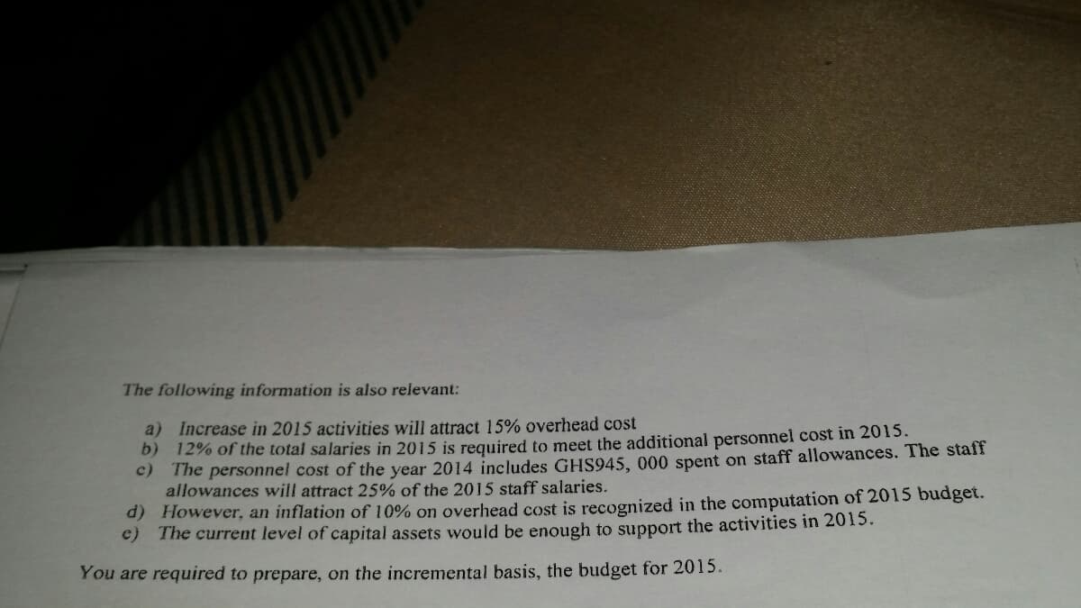The following information is also relevant:
a) Increase in 2015 activities will attract 15% overhead cost
b) 12% of the total salaries in 2015 is required to meet the additional personnel cost in 2015.
c) The personnel cost of the year 2014 includes GHS945, 000 spent on staff allowances. The staff
allowances will attract 25% of the 2015 staff salaries.
d) However, an inflation of 10% on overhead cost is recognized in the computation of 2015 budget.
e) The current level of capital assets would be enough to support the activities in 2015.
You are required to prepare, on the incremental basis, the budget for 2015.
