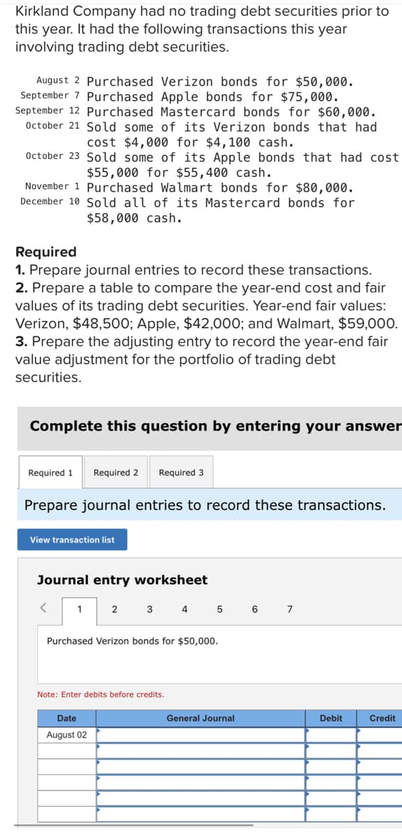 Kirkland Company had no trading debt securities prior to
this year. It had the following transactions this year
involving trading debt securities.
August 2 Purchased Verizon bonds for $50,000.
September 7 Purchased Apple bonds for $75,000.
September 12 Purchased Mastercard bonds for $60,000.
October 21 Sold some of its Verizon bonds that had
cost $4,000 for $4,100 cash.
October 23 Sold some of its Apple bonds that had cost
$55,000 for $55,400 cash.
November 1 Purchased Walmart bonds for $80,000.
December 10 Sold all of its Mastercard bonds for
$58,000 cash.
Required
1. Prepare journal entries to record these transactions.
2. Prepare a table to compare the year-end cost and fair
values of its trading debt securities. Year-end fair values:
Verizon, $48,500; Apple, $42,000; and Walmart, $59,000.
3. Prepare the adjusting entry to record the year-end fair
value adjustment for the portfolio of trading debt
securities.
Complete this question by entering your answer
Required 1 Required 2 Required 3
Prepare journal entries to record these transactions.
View transaction list
Journal entry worksheet
<
1
2
3 4
Date
August 02
Purchased Verizon bonds for $50,000.
Note: Enter debits before credits.
5
General Journal
6
Debit
Credit