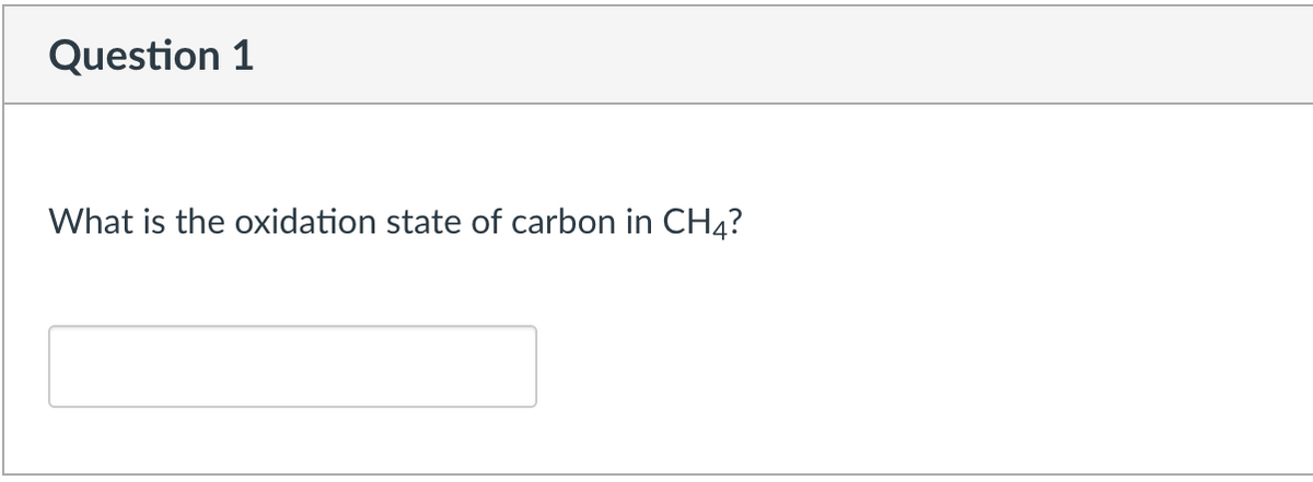 Question 1
What is the oxidation state of carbon in CH4?
