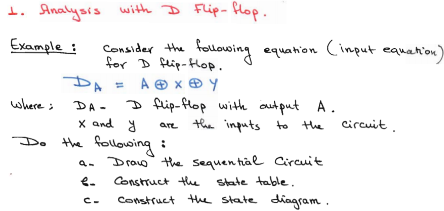 1. Analysis with D Flip- flop.
Example :
Consider the following equahion Cinput eauation
for D flip-flop.
A O x ® Y
D flip-flop with output A.
DA =
where ;
DA -
X and d
the inputs to the
circuit
are
the following :
Do
Draww
the sequen tial Circuit
Construct the
State table.
Construct the state diagram.
C-
