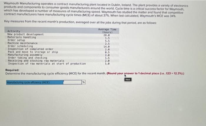 Waymouth Manufacturing operates a contract manufacturing plant located in Dublin, Ireland. The plant provides a variety of electronics
products and components to consumer goods manufacturers around the world. Cycle time is a critical success factor for Waymouth,
which has developed a number of measures of manufacturing speed. Waymouth has studied the matter and found that competitive
contract manufacturers have manufacturing cycle times (MCE) of about 37%. When last calculated, Waymouth's MCE was 34%.
Key measures from the recent month's production, averaged over all the jobs during that period, are as follows:
Activity.
New product development
Materials handling
Order setup
Machine maintenance
Order scheduling
Inspection of completed order
Pack and move to storage or ship.
Manufacturing assembly
Order taking and checking
Receiving and stocking raw materials
Inspection of raw materials at start of production
Average Time
(hours)
28.0
1.5
Manufacturing cycle efficiency (MCE)
5.5
2.5
14.0
2.0
0.5
2.0
1.5
2.0
1.0
Required:
Determine the manufacturing cycle efficiency (MCE) for the recent month. (Round your answer to 1 decimal place (i.e..123 - 12.3%).)
Next