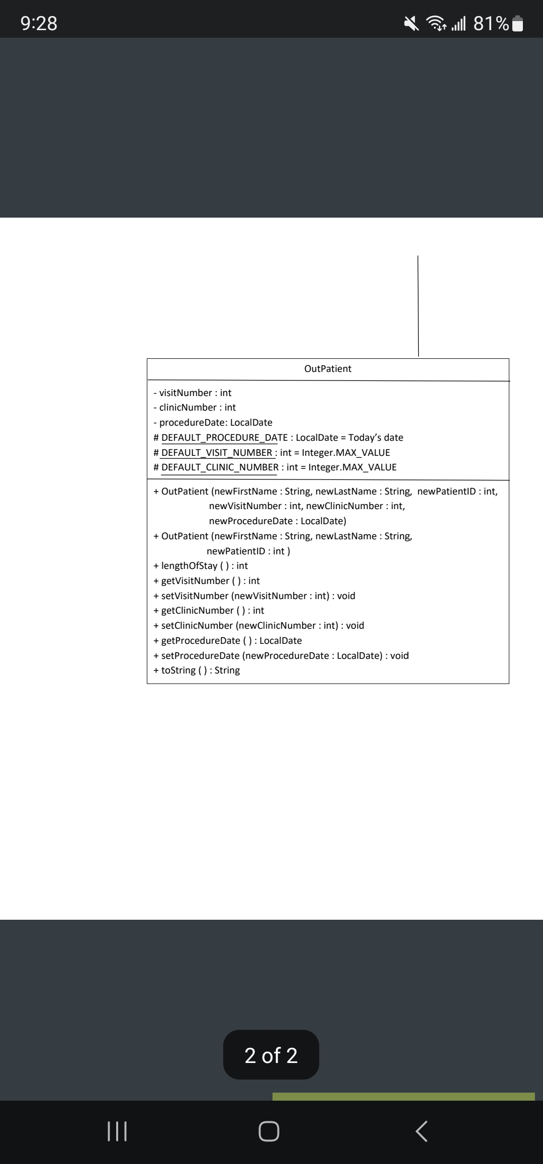 9:28
=
|||
- visitNumber : int
- clinicNumber : int
- procedureDate: LocalDate
# DEFAULT_PROCEDURE_DATE : LocalDate = Today's date
# DEFAULT_VISIT_NUMBER : int = Integer.MAX_VALUE
# DEFAULT_CLINIC_NUMBER : int = Integer.MAX_VALUE
OutPatient
+ Outpatient (newFirstName : String, newLastName: String, newPatientID : int,
new VisitNumber: int, newClinicNumber : int,
newProcedureDate: LocalDate)
+ Outpatient (new FirstName : String, newLast Name : String,
newPatientID : int)
+ length OfStay (): int
+ getVisitNumber (): int
+ setVisitNumber (newVisitNumber : int) : void
+ getClinicNumber (): int
+ setClinicNumber (newClinicNumber: int) : void
+ getProcedureDate (): LocalDate
+ setProcedure Date (new ProcedureDate: LocalDate) : void
+ toString(): String
2 of 2
O
81% الس .
<