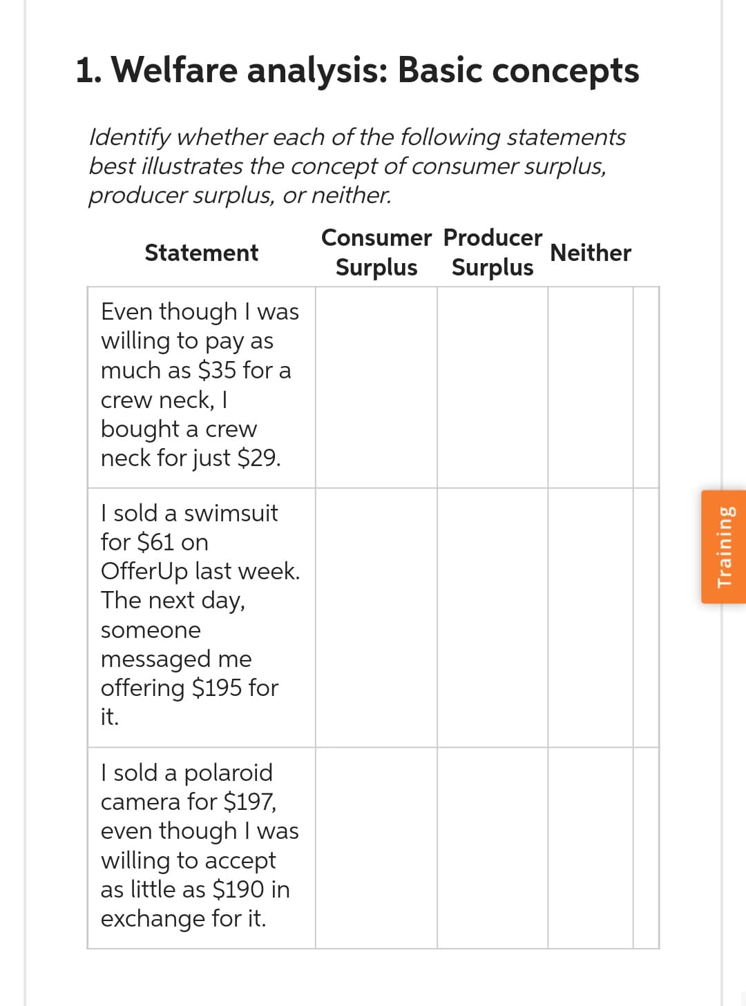 1. Welfare analysis: Basic concepts
Identify whether each of the following statements
best illustrates the concept of consumer surplus,
producer surplus, or neither.
Statement
Even though I was
willing to pay as
much as $35 for a
crew neck, I
bought a crew
neck for just $29.
I sold a swimsuit
for $61 on
OfferUp last week.
The next day,
someone
messaged me
offering $195 for
it.
I sold a polaroid
camera for $197,
even though I was
willing to accept
as little as $190 in
exchange for it.
Consumer Producer
Surplus Surplus
Neither
Training