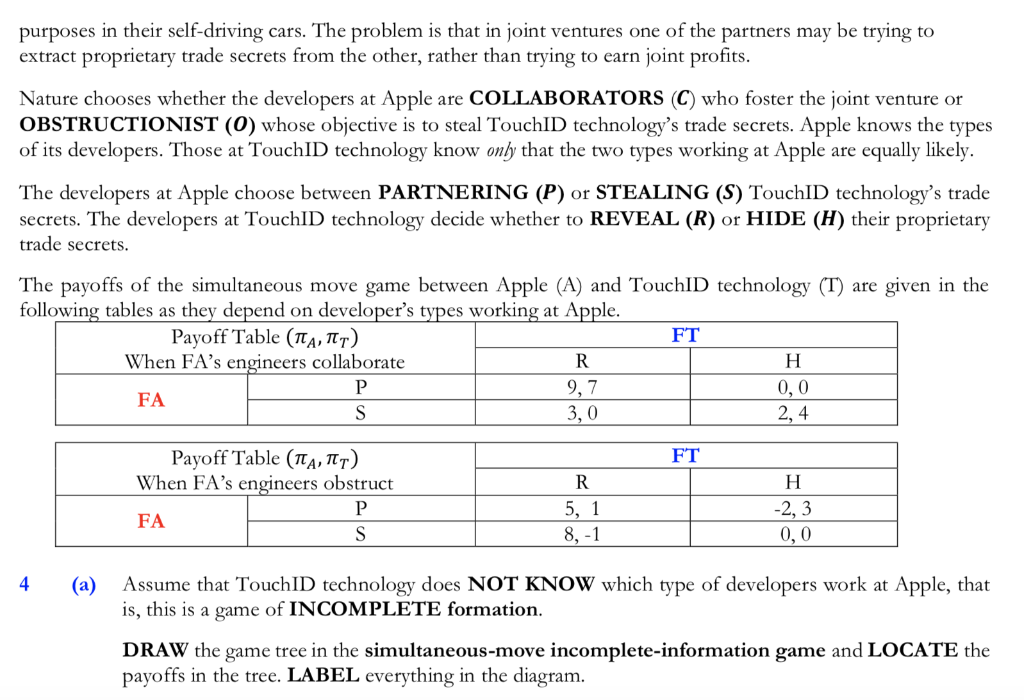 purposes in their self-driving cars. The problem is that in joint ventures one of the partners may be trying to
extract proprietary trade secrets from the other, rather than trying to earn joint profits.
Nature chooses whether the developers at Apple are COLLABORATORS (C) who foster the joint venture or
OBSTRUCTIONIST (0) whose objective is to steal TouchID technology's trade secrets. Apple knows the types
of its developers. Those at TouchID technology know only that the two types working at Apple are equally likely.
The developers at Apple choose between PARTNERING (P) or STEALING (S) TouchID technology's trade
secrets. The developers at TouchID technology decide whether to REVEAL (R) or HIDE (H) their proprietary
trade secrets.
The payoffs of the simultaneous move game between Apple (A) and TouchID technology (T) are given in the
following tables as they depend on developer's types working at Apple.
Payoff Table (TA, TT)
When FA's engineers collaborate
FT
R
H
9, 7
0,0
FA
S
3, 0
2, 4
Payoff Table (tĄ, TT)
When FA's engineers obstruct
FT
H
-2, 3
0,0
P
5, 1
8, -1
FA
S
4
(a)
Assume that TouchID technology does NOT KNOW which type of developers work at Apple, that
is, this is a game of INCOMPLETE formation.
DRAW the game tree in the simultaneous-move incomplete-information game and LOCATE the
payoffs in the tree. LABEL everything in the diagram.
