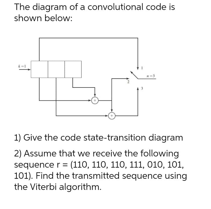 The diagram of a convolutional code is
shown below:
k =1
n =3
1) Give the code state-transition diagram
2) Assume that we receive the following
sequence r = (110, 110, 110, 111, 010, 101,
101). Find the transmitted sequence using
the Viterbi algorithm.
2.
