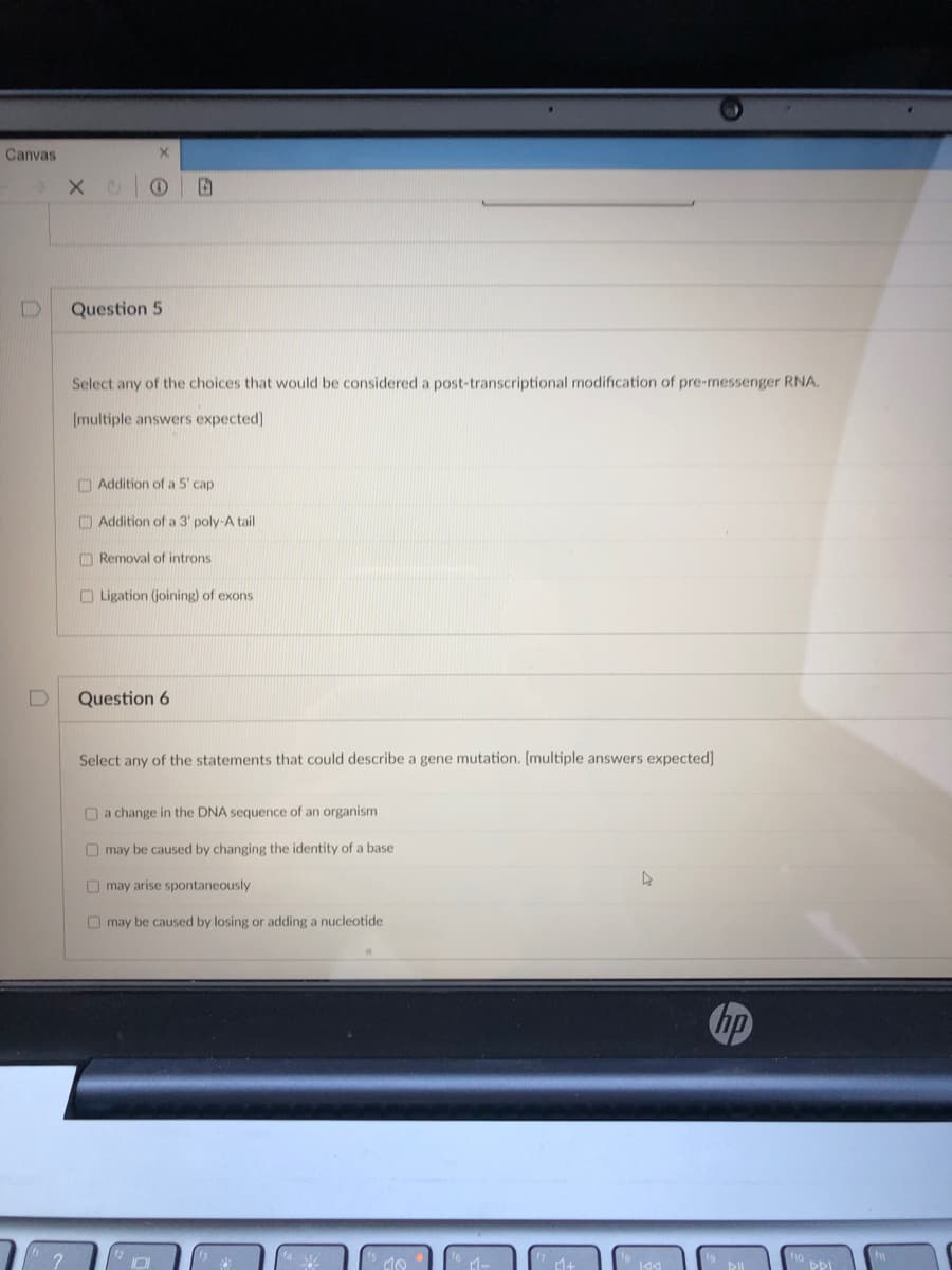 Canvas
Question 5
Select any of the choices that would be considered a post-transcriptional modification of pre-messenger RNA.
(multiple answers expected)]
O Addition of a 5' cap
O Addition of a 3' poly-A tail
O Removal of introns
O Ligation (joining) of exons
Question 6
Select any of the statements that could describe a gene mutation. [multiple answers expected]
O a change in the DNA sequence of an organism
O may be caused by changing the identity of a base
O may arise spontaneously
O may be caused by losing or adding a nucleotide
hp
