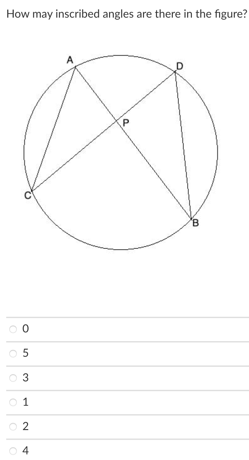 How may inscribed angles are there in the figure?
A
B
5
3
1
2
4
