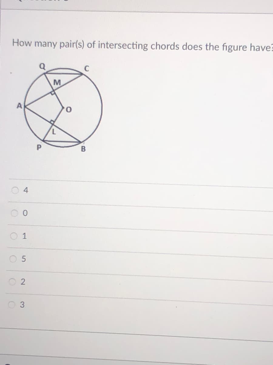 How many pair(s) of intersecting chords does the figure have?
A
4
O 1
2.
