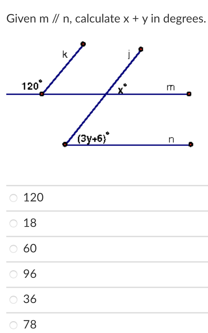 Given m // n, calculate x + y in degrees.
k
120°
(3y+6)
120
O 18
60
96
36
78
