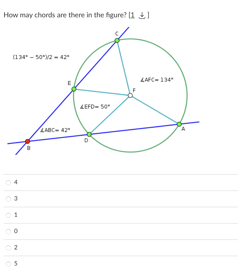 How may chords are there in the figure? [1 ]
(134° – 50°)/2 = 42°
LAFC= 134°
E
LEFD= 50°
LABC= 42°
A
В
4
3
O 1
2
