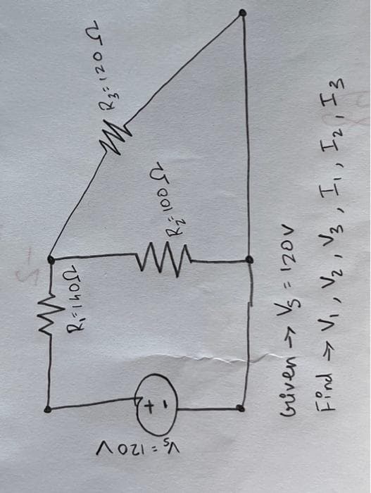 Vs = 120 V
www
R₁-14012
Rz- 10012
чи
R3=120 1
Given - Vs = 12ov
Find > V₁, V₂, V3, I₁, I₂, I3