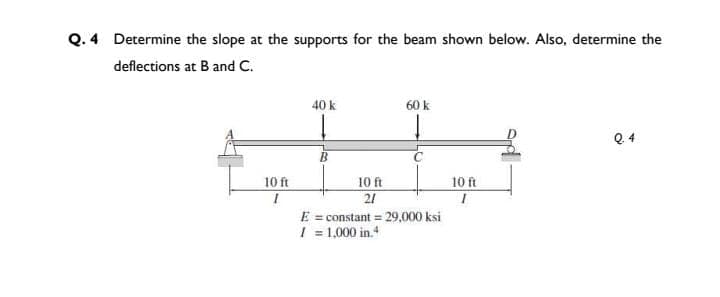 Q. 4 Determine the slope at the supports for the beam shown below. Also, determine the
deflections at B and C.
10 ft
I
40 k
B
60 k
10 ft
21
E = constant = 29,000 ksi
I = 1,000 in.4
10 ft
I
Q. 4