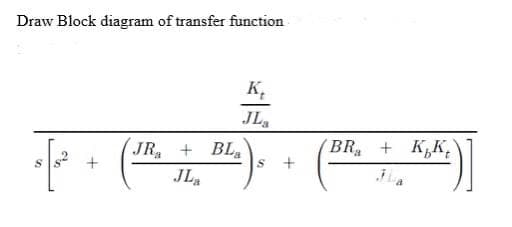 Draw Block diagram of transfer function
K
JL₂
JR + BL
[2²
JLa
S
+
S +
BRA
+ K.K