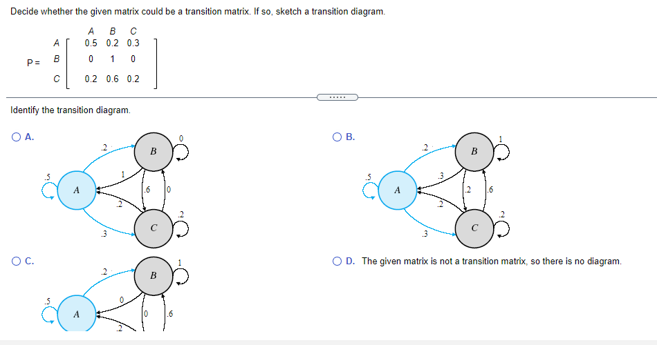 Decide whether the given matrix could be a transition matrix. If so, sketch a transition diagram.
A
А
0.5 0.2 0.3
1 0
P =
0.2 0.6 0.2
Identify the transition diagram.
O A.
О В.
B
B
A
.6
0
.3
OC.
O D. The given matrix is not a transition matrix, so there is no diagram.
B
.6
2.
2,
en
2.
