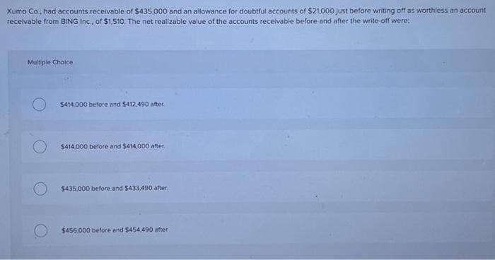 Xumo Co., had accounts receivable of $435,000 and an allowance for doubtful accounts of $21,000 just before writing off as worthless an account
receivable from BING Inc., of $1,510. The net realizable value of the accounts receivable before and after the write-off were:
Multiple Choice
$414,000 before and $412,490 after
$414,000 before and $414,000 after.
O $435,000 before and $433,490 after
$456.000 before and $454,490 after.