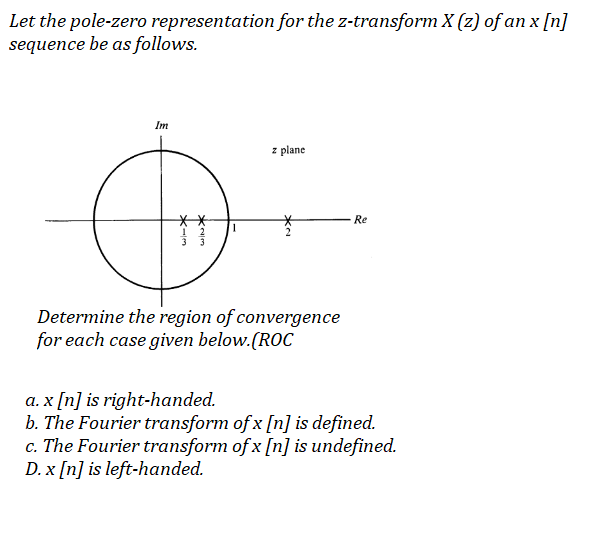 Let the pole-zero representation for the z-transform X (z) of an x [n]
sequence be as follows.
Im
z plane
Re
Determine the region of convergence
for each case given below.(ROC
a. x [n] is right-handed.
b. The Fourier transform of x [n] is defined.
c. The Fourier transform of x [n] is undefined.
D. x [n] is left-handed.
