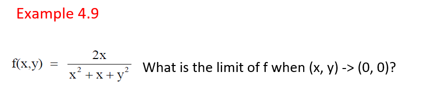 Example 4.9
2х
f(x.y)
x² +x+y°
What is the limit of f when (x, y) -> (0, 0)?
