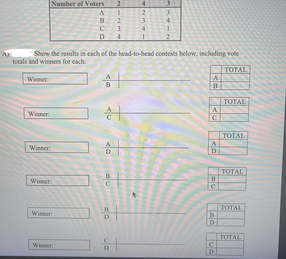 Number of Voters
4
A
1
2
3
3
4
1
D
4
1
A) Show the results in each of the head-to-head contests below, including vote
totals and winners for each.
ТОТAL
А
Winner:
В
TOTAL
А
A
Winner:
C
ТОТAL
A
A
Winner:
D
D
TOTAL
В
В
Winner:
B
ТОТAL
Winner:
B
D
D
TOTAL
C
Winner:
D
BC
334
